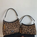 Retro leopard print shoulder bags in two sizes with leather straps and beaded charms - Large / With Pendant / Leopard Brown