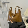 Retro brown polished leather hobo bag with adjustable golden buckle shoulder strap - Brown