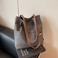 Dark grey canvas tote bag with brown leather handles and casual embroidery - Dark Brown