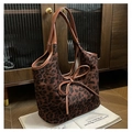 Leopard print tote bag with brown leather bow and handles for daily casual use - Burgundy