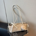 Minimalist beige suede rectangle shoulder bag with ribbon bow and plush pompom charm - With Charm / Beige