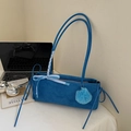 Blue faux suede shoulder bag featuring a stylish checkered bow and plush ball pendant - With Charm / Blue