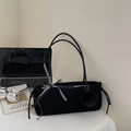 Minimalist black baguette shoulder bag with plaid bow and plush ball charm decoration - With Charm / Black