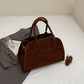 Retro deep brown matte suede handbag with double round handles and gold buckle - Small / Brown