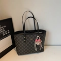 Black and gray checkered tote bag with gold brand logo and cute plush charm detail - With Charm / Black