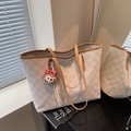 Classic checkered tote bag in off-white and grey with brown leather trim and bear charm - With Charm / Off White