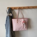 Pink and white plaid tote bag with long shoulder straps and a plush bear charm - With Charm / Pink