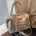 Retro taupe wash leather tote bag with functional zippers and vintage PU finish - Khaki