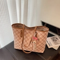 Pink plaid large tote bag with brown leather trim and cute plush bear charm decoration - With Charm / Khaki