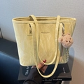 Light yellow tote bag with crinkled texture, metal rivets and plush bear pendant - Yellow with Pendant