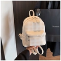 Detail of mini checkered backpack showing smooth synthetic leather texture and silver zipper - White