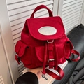 Retro red velvet backpack featuring multi-pocket design and adjustable straps - Red