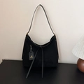 Large black faux suede tote bag with gold metal ring buckles and adjustable strap - Black