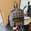 Mini backpack in grey checkered pattern with black leather accents and dual straps - Black