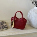 Deep red woven texture handbag with wooden bead tassel charm and top handles - Red With Wood Bead Pendant