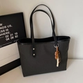 Charcoal grey large tote bag with black faux leather straps and colorful beaded charm - Black