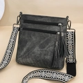 Gray vintage crossbody bag with fringe details and a bohemian embroidered wide strap - Black
