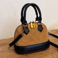 Brown suede and black leather shell bag with quilted diamond pattern and gold hardware - Brown