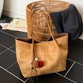 Brown large capacity suede tote bag featuring fuzzy pom-pom charm and slim shoulder straps - Yellow (With Pendant)