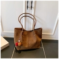 Brown suede tote bag with long handles and a dual-color decorative pompom charm - Brown (With Pendant)