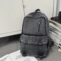 Zaino minimalista in denim lavato grigio scuro con design a tasche multiple e fibbie - Nero