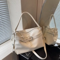 Off-white lychee texture leather tote bag with silver buckle and crossbody strap - Off-white