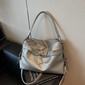 Silver lychee grain leather tote bag with metallic buckle strap and zipper compartments - Silver