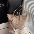 Earth tone tote bag with floral print and cute teddy bear charm hanging on the side - With Charm / Khaki