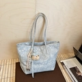 Light blue floral tote bag with cute bear charm and woven tassel detail on top - With Charm / Blue