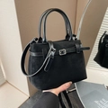 Retro black matte suede bucket bag with leather strap and metal buckle detail - Black