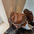 Fashionable dark brown ruched chain bucket bag in soft leather for women's daily use - Brown