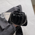 Fashionable black pleated cloud bucket bag with silver metal chain and soft PU leather texture - Black