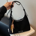 Black frosted suede shoulder bag with vintage beaded pendant and silver hardware - Black with Pendant