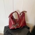 Deep red vintage hobo shoulder bag with a cute dog charm and pearly details - Red with Pendant