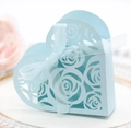 Boîte à dragées mariage cœur bleu clair avec roses découpées au laser et ruban élégant - Bleu Turquoise