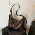 Retro dark coffee faux leather shoulder bag featuring a cute dachshund charm detail - Coffee with Pendant
