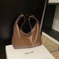 Retro brown hobo shoulder bag in oil wax leather finish with adjustable metal buckle strap - Brown No Pendant