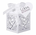 Laser-cut white wedding favor box with heart patterns, silk ribbon and German gift tag - White With Heart Tag