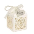 White laser cut wedding favor box with heart patterns, ribbon and German gift tag - Ivory with Tag