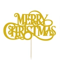 Golden Merry Christmas cake topper with glitter finish and wooden stick for festive decor - Reindeer Antler Style (CP-20)