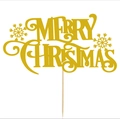 Sparkling gold Merry Christmas cake topper with snowflake accents and a wooden pick - Snowflake Style (CP-21)