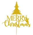 Golden glitter Merry Christmas cake topper with festive snowman and tree design - Snowman Christmas Tree Style (CP-22)