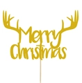 Golden glitter Merry Christmas cake topper with reindeer antlers on white background - Reindeer Decoration Style (CP-23)