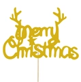 Golden glitter Merry Christmas cake topper with reindeer antlers on a wooden stick - Artistic Reindeer Antler Style (CP-24)