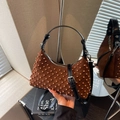 Retro brown suede dumpling bag with bronze rivets and adjustable crossbody strap - Brown