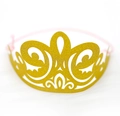 Close-up of golden glitter laser-cut party crown with pink elastic band and hollow pattern - European Scroll Pattern (Crown-2)