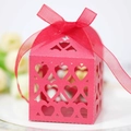Laser cut hollow heart candy box with red ribbon bow for wedding and Valentine gift - Pearlescent Red