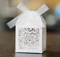 Detailed laser cut white rose hollow gift box with elegant white organza ribbon bow - White