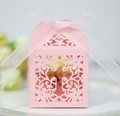 Pink laser-cut hollow candy box with light pink ribbon for weddings and elegant parties - Pink