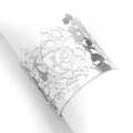 Detail of silver laser-cut rose napkin ring with intricate floral pattern and shiny finish - Reflective Silver